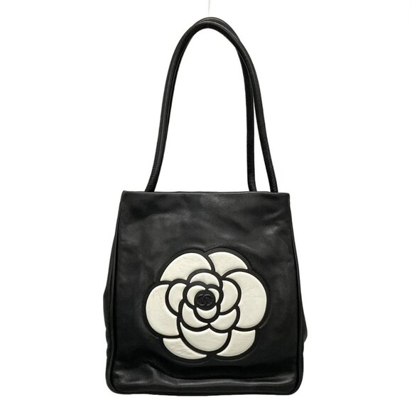 Auth CHANEL Camellia Black White Lambskin Tote Bag - Picture 1 of 16